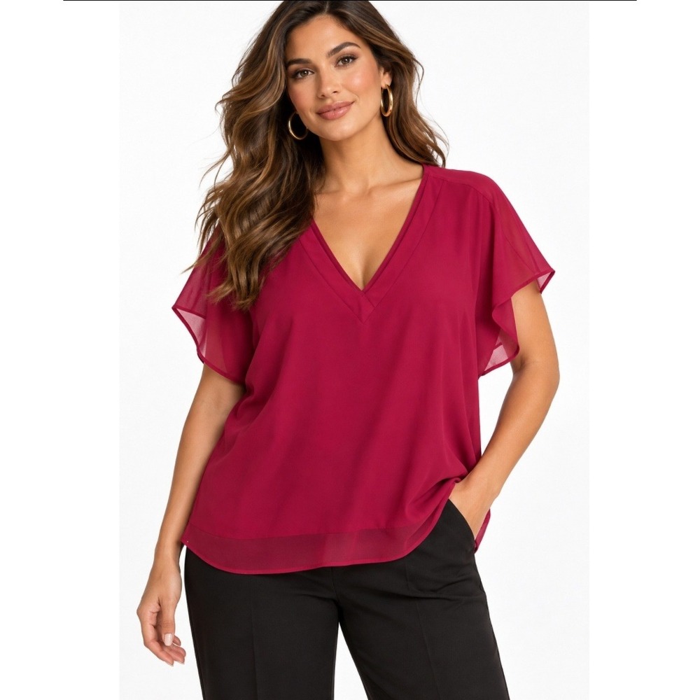 Les Serein Berry Pink V-Neck Mixed‎ Media Chiffon Blouse Size XS NWT
